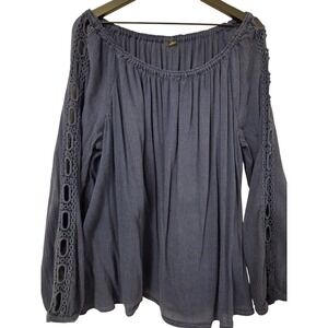 Womens 2X Blue Long Sleeve Boho Peasant Blouse Top Cutout Sleeve Detail